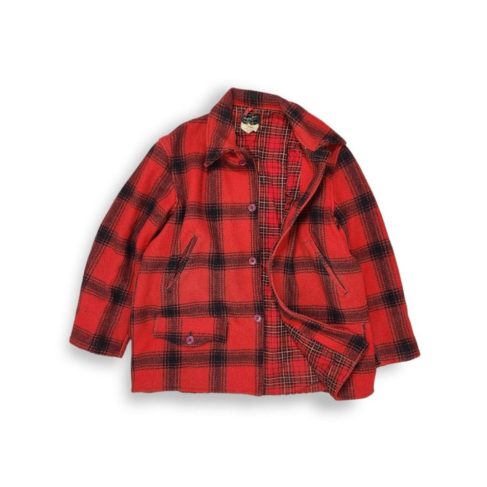 Vintage Buffalo Plaid Mackinaw Button Hunting Heavy Thick Wool Coat Mens Large